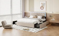 Lit double 160x200 cm en lin avec LED, sommier à lattes robuste, 4 tiroirs intégrés, design moderne pour 2 personnes