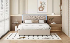 Lit double 160x200 cm en lin avec LED, sommier à lattes robuste, 4 tiroirs intégrés, design moderne pour 2 personnes