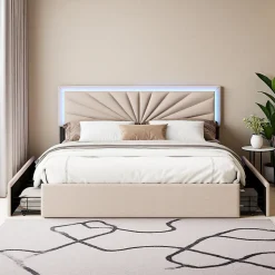 Lit double 160x200 cm en lin avec LED, sommier à lattes robuste, 4 tiroirs intégrés, design moderne pour 2 personnes