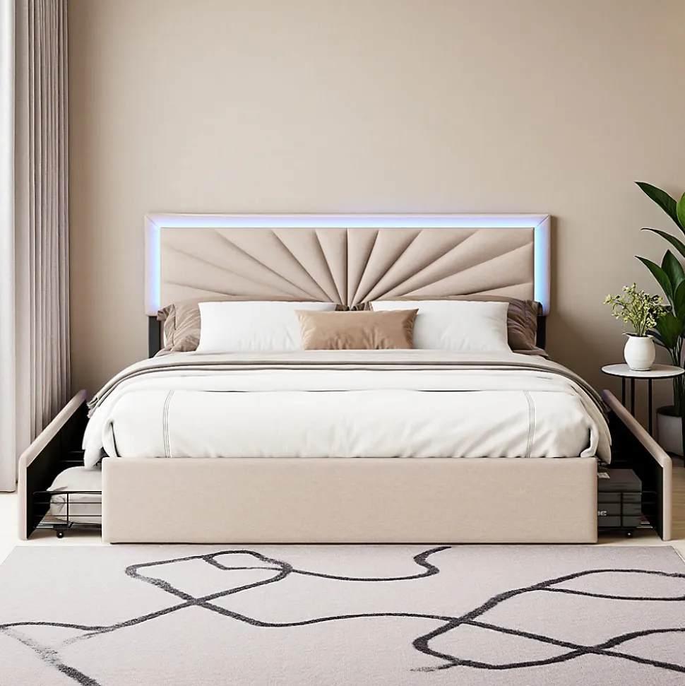 Lit double 160x200 cm en lin avec LED, sommier à lattes robuste, 4 tiroirs intégrés, design moderne pour 2 personnes