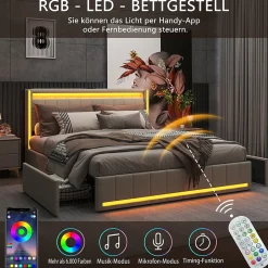 Lit double 140x190 cm en lin avec LED, USB, 4 tiroirs de rangement et sommier à lattes, facile à assembler, sans matelas, Beige