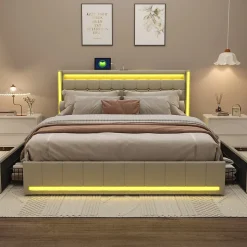 Lit double 140x190 cm en lin avec LED, USB, 4 tiroirs de rangement et sommier à lattes, facile à assembler, sans matelas, Beige