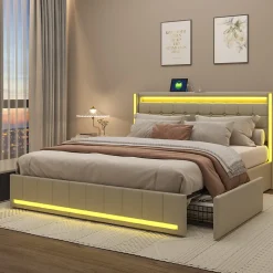 Lit double 140x190 cm en lin avec LED, USB, 4 tiroirs de rangement et sommier à lattes, facile à assembler, sans matelas, Beige