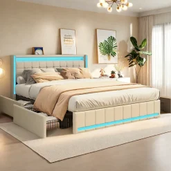 Lit double 140x190 cm en lin avec LED, USB, 4 tiroirs de rangement et sommier à lattes, facile à assembler, sans matelas, Beige