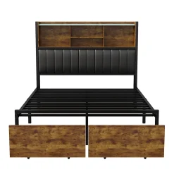 Lit double 140x200 cm en lin beige avec tête de lit LED, ports USB et Type-C, sommier à lattes et rangement intégré