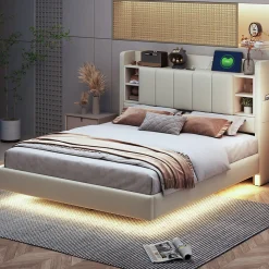 Lit double 140x200 cm en lin beige avec cadre métal, tête réversible avec étagères, port USB et bande lumineuse