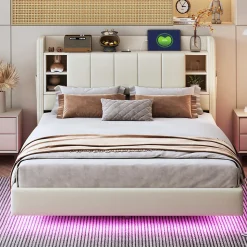 Lit double 140x200 cm en lin beige avec cadre métal, tête réversible avec étagères, port USB et bande lumineuse