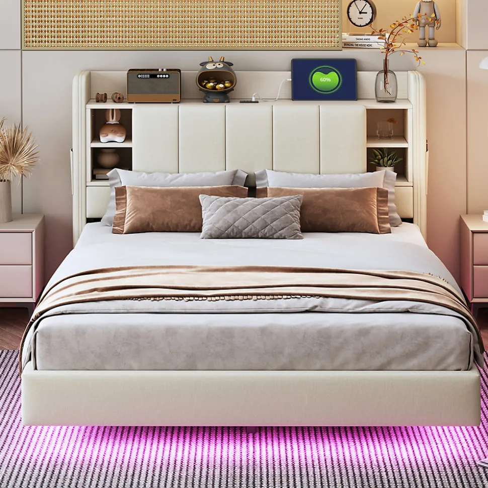 Lit double 140x200 cm en lin beige avec cadre métal, tête réversible avec étagères, port USB et bande lumineuse