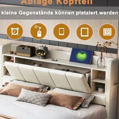 Lit double 140x200 cm en lin beige avec cadre métal, tête réversible avec étagères, port USB et bande lumineuse