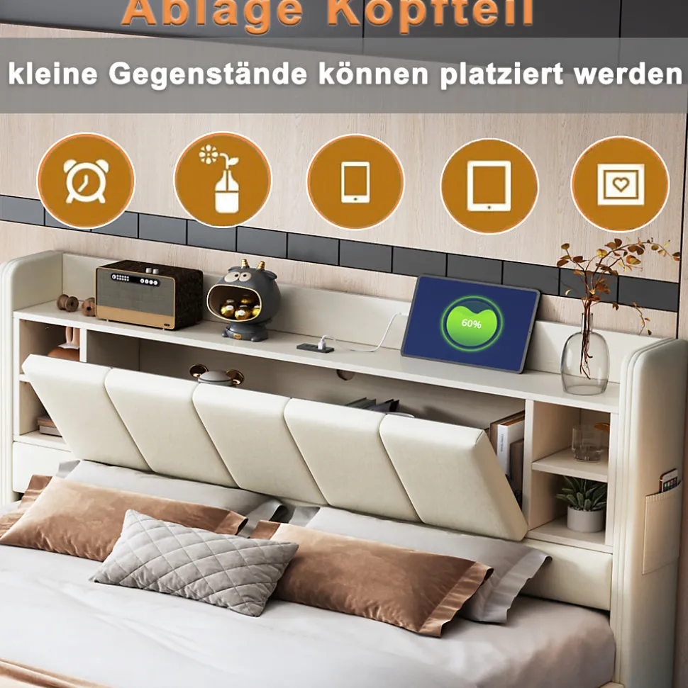 Lit double 140x200 cm en lin beige avec cadre métal, tête réversible avec étagères, port USB et bande lumineuse