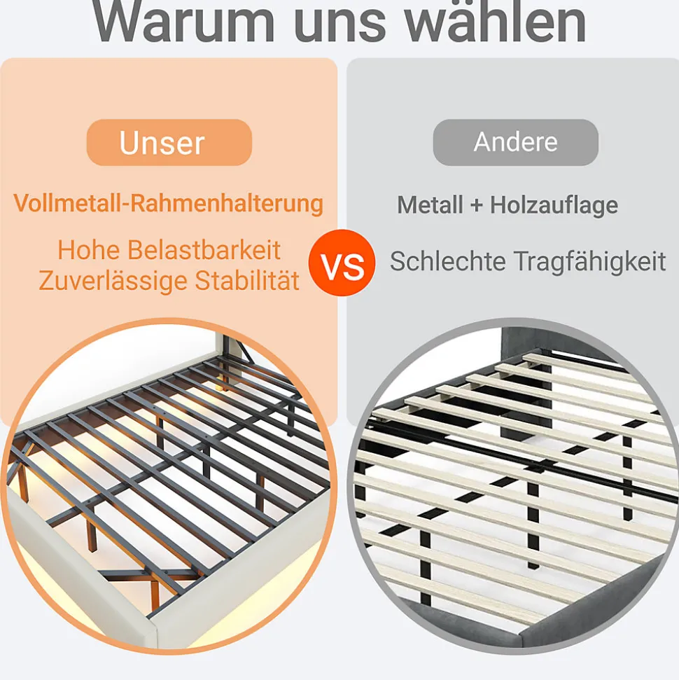 Lit double 140x200 cm en lin beige avec cadre métal, tête réversible avec étagères, port USB et bande lumineuse