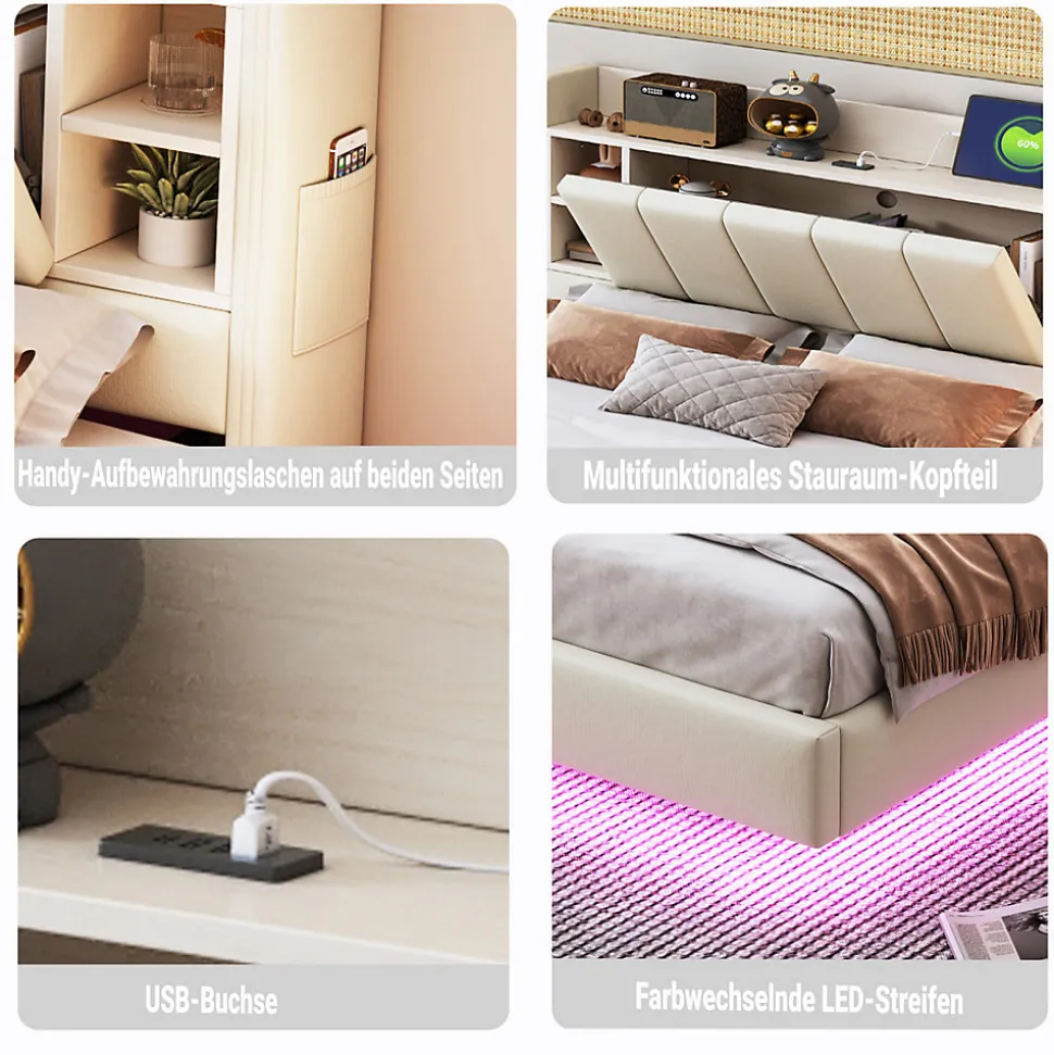 Lit double 140x200 cm en lin beige avec cadre métal, tête réversible avec étagères, port USB et bande lumineuse