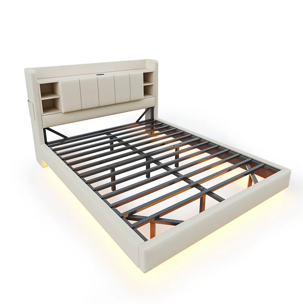 Lit double 140x200 cm en lin beige avec cadre métal, tête réversible avec étagères, port USB et bande lumineuse