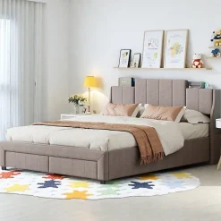 Lit double 160x200 cm en lin gris avec 2 tiroirs, tête de lit à poches latérales, rangements intégrés et LED