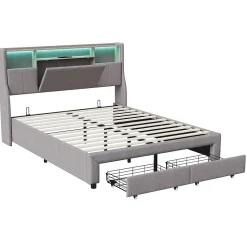 Lit double 160x200 cm en lin gris avec 2 tiroirs, tête de lit à poches latérales, rangements intégrés et LED