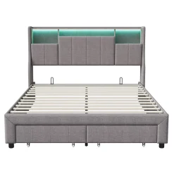 Lit double 160x200 cm en lin gris avec 2 tiroirs, tête de lit à poches latérales, rangements intégrés et LED