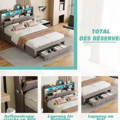Lit double 160x200 cm en lin gris avec 2 tiroirs, tête de lit à poches latérales, rangements intégrés et LED