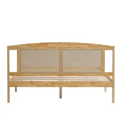 Lit Double 160x200 cm en Pin et Rotin PE avec Coussin, 15 Lattes et Pied Central, Lit pour Adolescents et Adultes