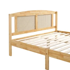 Lit Double 160x200 cm en Pin et Rotin PE avec Coussin, 15 Lattes et Pied Central, Lit pour Adolescents et Adultes