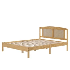 Lit Double 160x200 cm en Pin et Rotin PE avec Coussin, 15 Lattes et Pied Central, Lit pour Adolescents et Adultes