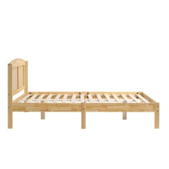 Lit Double 160x200 cm en Pin et Rotin PE avec Coussin, 15 Lattes et Pied Central, Lit pour Adolescents et Adultes