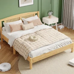 Lit Double 160x200 cm en Pin et Rotin PE avec Coussin, 15 Lattes et Pied Central, Lit pour Adolescents et Adultes