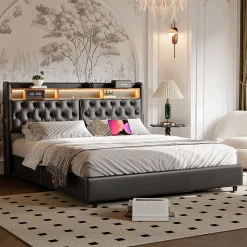 Lit double 180x200 cm en PU noir avec coffre à vérin, tête de lit LED, rangement pratique et ports USB EU intégrés