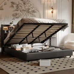 Lit double 180x200 cm en PU noir avec coffre à vérin, tête de lit LED, rangement pratique et ports USB EU intégrés