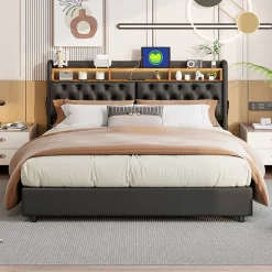 Lit double 180x200 cm en PU noir avec coffre à vérin, tête de lit LED, rangement pratique et ports USB EU intégrés