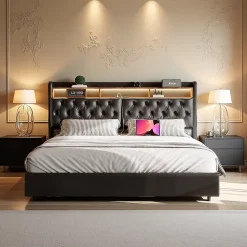 Lit double 180x200 cm en PU noir avec coffre à vérin, tête de lit LED, rangement pratique et ports USB EU intégrés