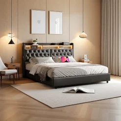 Lit double 180x200 cm en PU noir avec coffre à vérin, tête de lit LED, rangement pratique et ports USB EU intégrés