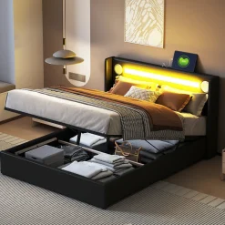 Lit double 140x200 cm en similicuir noir avec LED, lecteur Bluetooth, ports USB et rangement, lit pratique et moderne