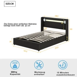 Lit double 140x200 cm en similicuir noir avec LED, lecteur Bluetooth, ports USB et rangement, lit pratique et moderne