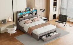 Lit double 140x200 cm en tissu lin gris, avec 2 tiroirs, tête de lit à poches latérales, rangements intégrés et éclairage LED