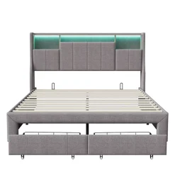 Lit double 140x200 cm en tissu lin gris, avec 2 tiroirs, tête de lit à poches latérales, rangements intégrés et éclairage LED