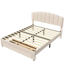 Lit double 160x200 cm en tissu teddy beige, Tiroirs de rangement au pied du lit et ports USB intégrés