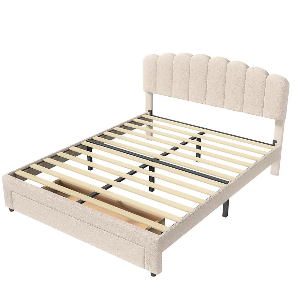 Lit double 160x200 cm en tissu teddy beige, Tiroirs de rangement au pied du lit et ports USB intégrés
