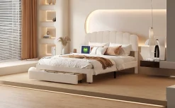 Lit double 160x200 cm en tissu teddy beige, Tiroirs de rangement au pied du lit et ports USB intégrés