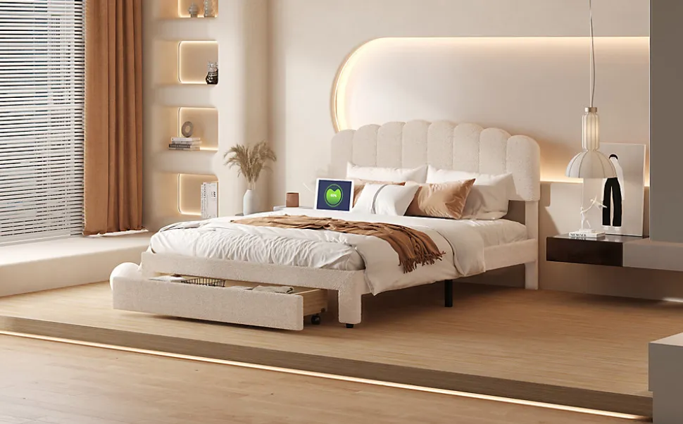 Lit double 160x200 cm en tissu teddy beige, Tiroirs de rangement au pied du lit et ports USB intégrés