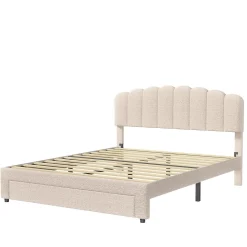 Lit double 140x200 cm en tissu teddy beige, Tiroirs de rangement au pied du lit et ports USB intégrés