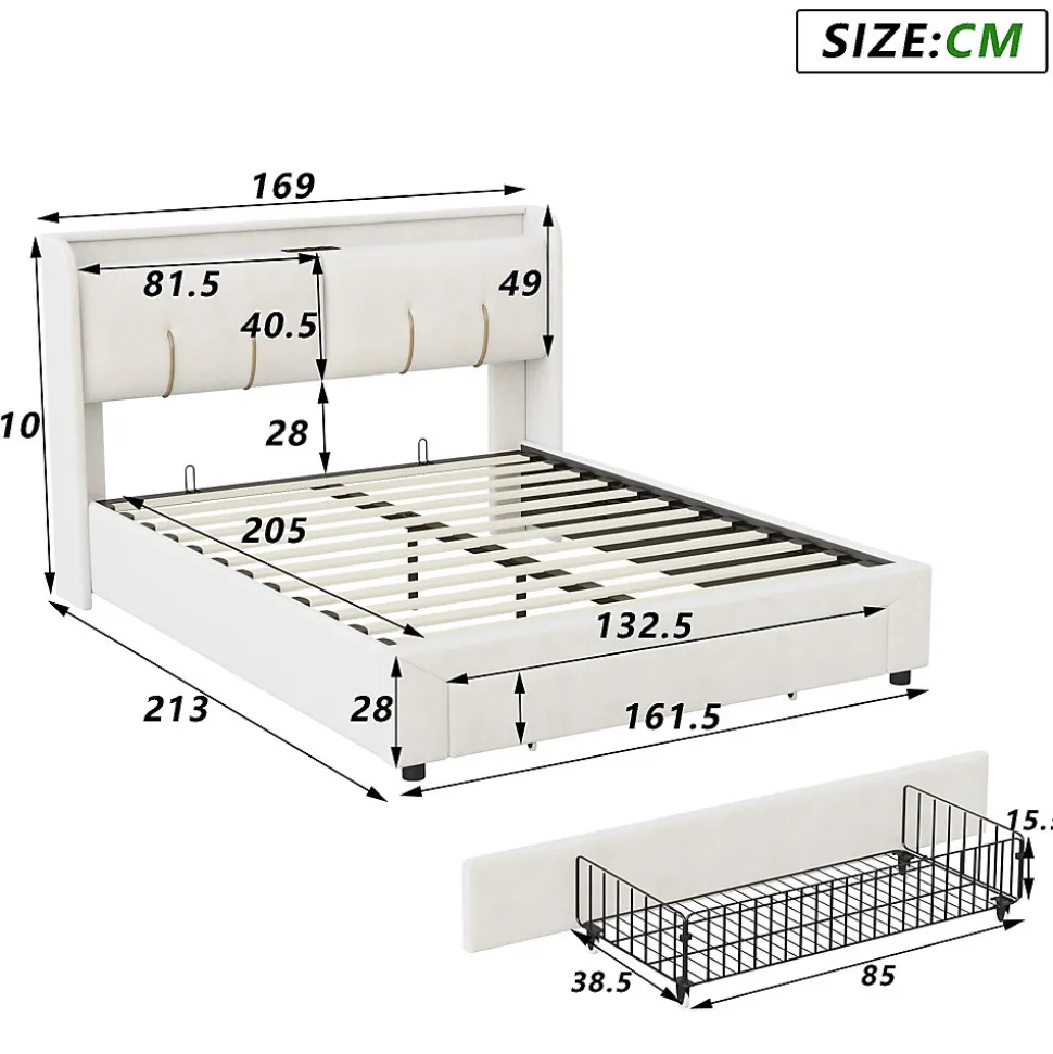 Lit double 160x200 cm en velours beige, avec rangement, LED et ports USB