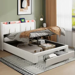 Lit double 160x200 cm en velours beige, avec rangement, LED et ports USB