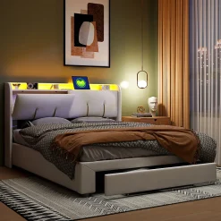 Lit double 160x200 cm en velours beige, avec rangement, LED et ports USB