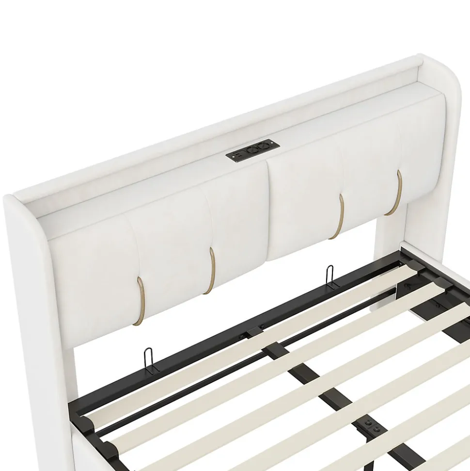 Lit double 160x200 cm en velours beige, avec rangement, LED et ports USB