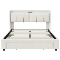 Lit double 160x200 cm en velours beige, avec rangement, LED et ports USB