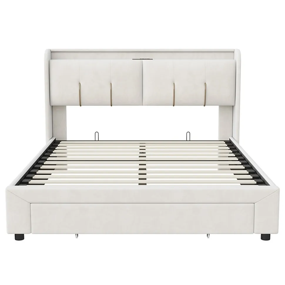 Lit double 160x200 cm en velours beige, avec rangement, LED et ports USB