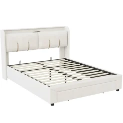 Lit double 160x200 cm en velours beige, avec rangement, LED et ports USB