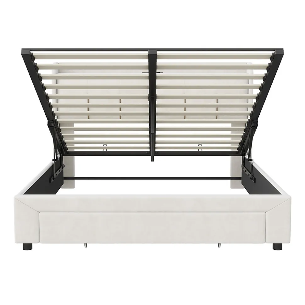 Lit double 160x200 cm en velours beige, avec rangement, LED et ports USB