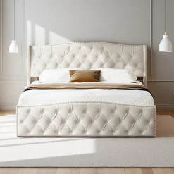 Lit double 140x200 cm en velours blanc cassé avec clous décoratifs, motif ondulé, sommier à lattes et rangement