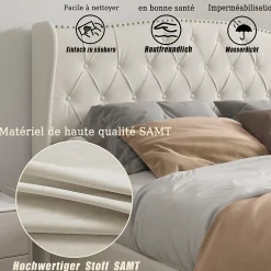 Lit double 140x200 cm en velours blanc cassé avec clous décoratifs, motif ondulé, sommier à lattes et rangement